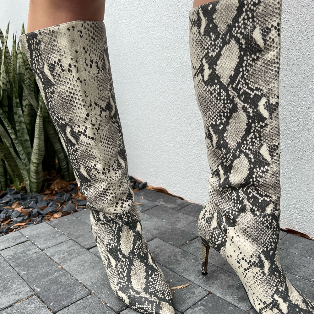 snake print knee high boots with heel